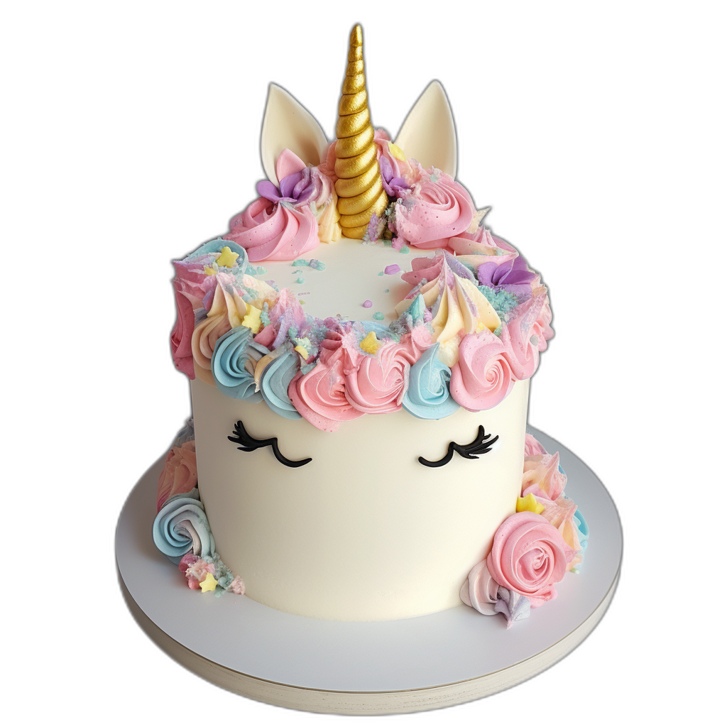 A beautifully decorated unicorn cake with a rainbow mane and glittery horn.